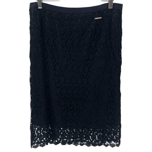 Marella Floral Lace Overlay Navy 100% Viscose Elegant Luxury Pencil Skirt Size 8